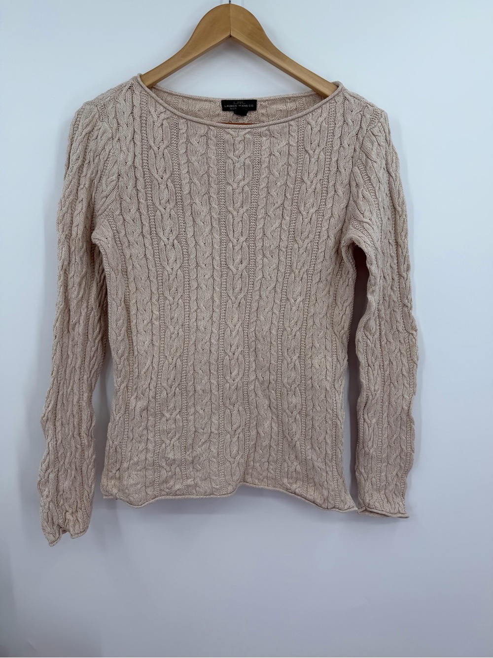 Lauren Ralph Lauren Cable Knit Sweater M Cream Cotton Boat Neck LRL